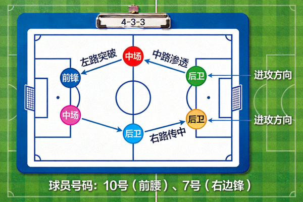 足球比赛战术分析板展示阵型与跑动路线示意图